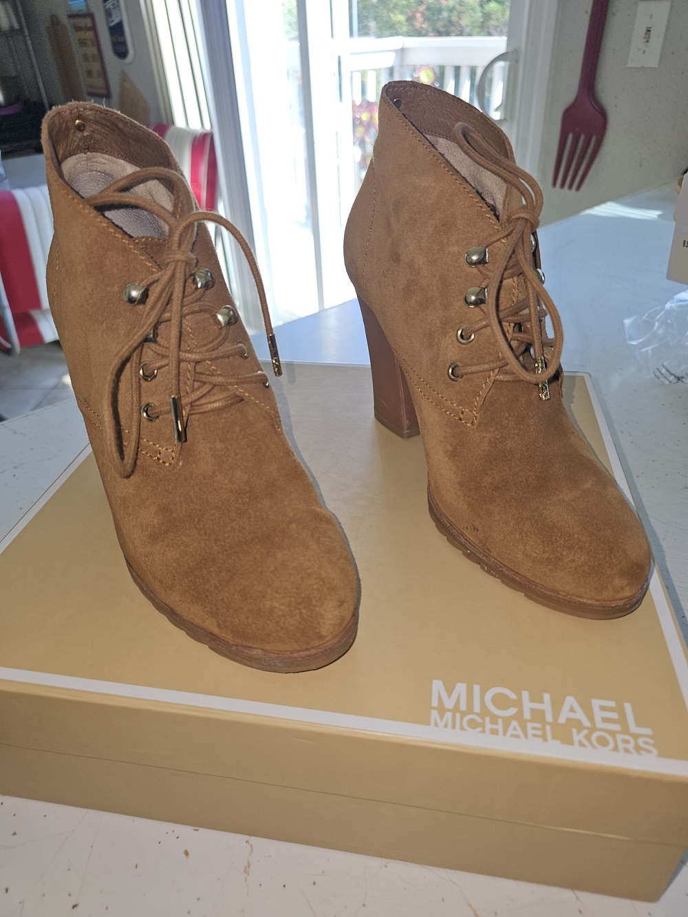 Michael Kors Cognac Suede Lace-Up High Heel Booties